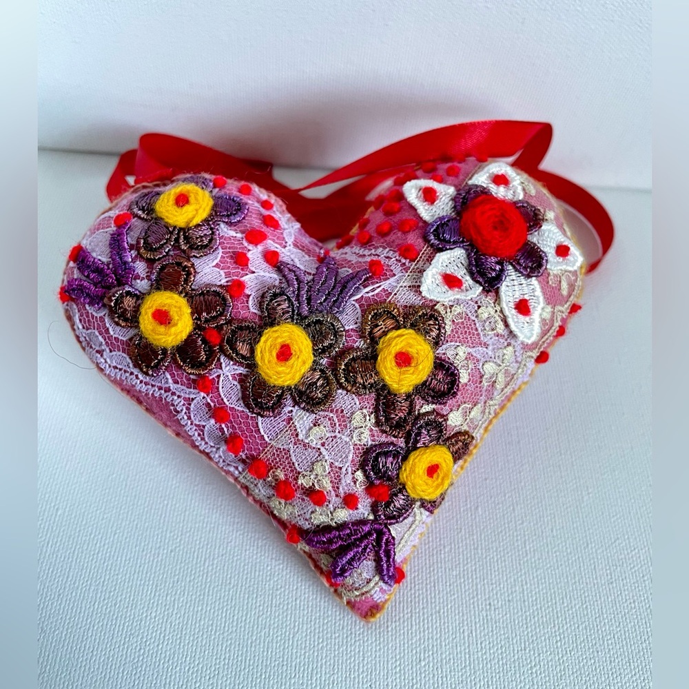 Floral embroidered hand crafted heart